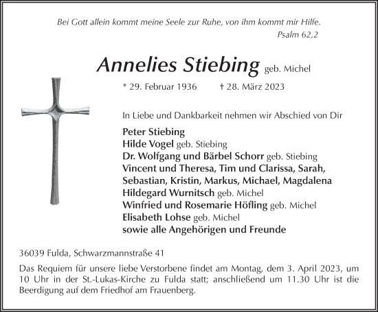 Traueranzeige von Annelies Stiebing von FZ