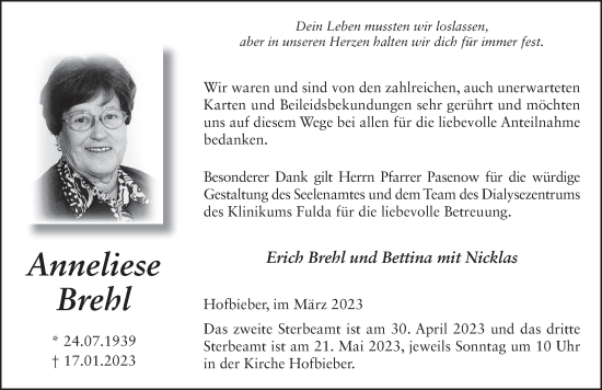 Traueranzeige von Anneliese Brehl von FZ
