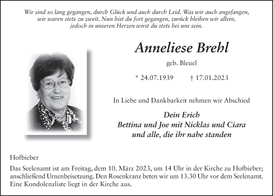 Traueranzeige von Anneliese Brehl von FZ