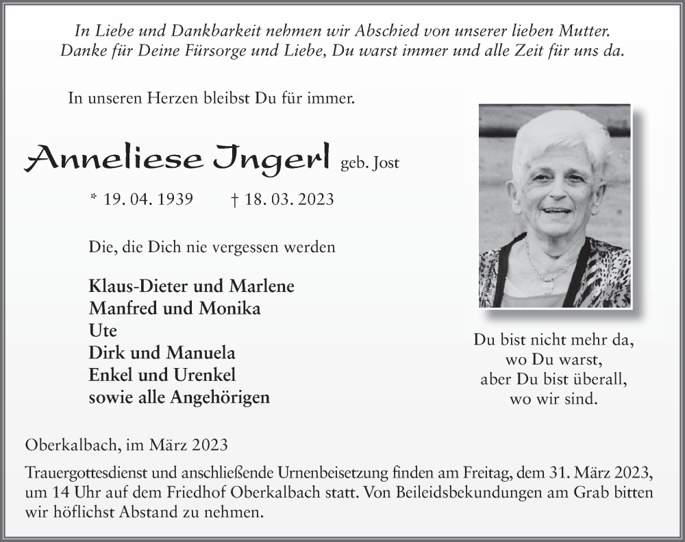  Traueranzeige für Anneliese Ingerl vom 28.03.2023 aus FZ