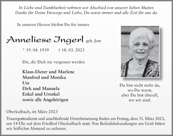Traueranzeige von Anneliese Ingerl von FZ