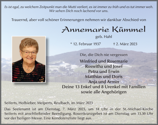 Traueranzeige von Annemarie Kümmel von FZ