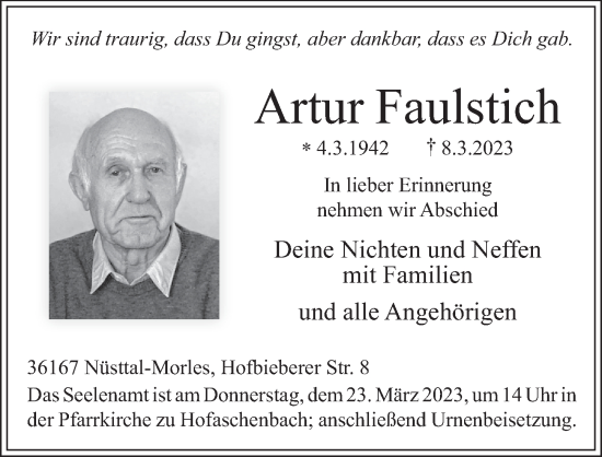 Traueranzeige von Artur Faulstich von FZ