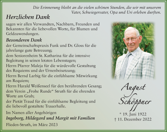 Traueranzeige von August Schöppner von FZ