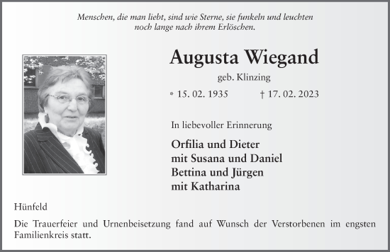 Traueranzeige von Augusta Wiegand von FZ