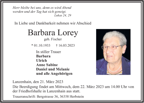 Traueranzeige von Barbara Lorey von FZ