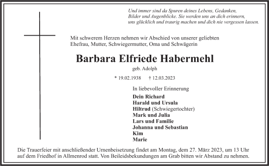 Traueranzeige von Barbara Elfriede Habermehl von FZ