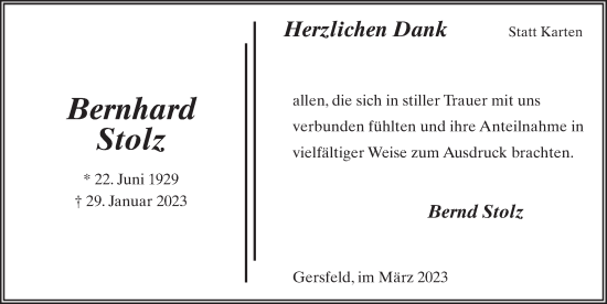 Traueranzeige von Bernhard Stolz von FZ