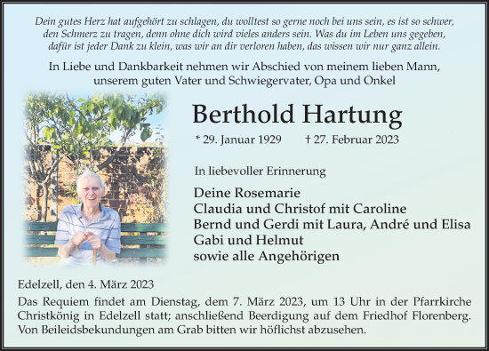 Traueranzeige von Berthold Hartung von FZ