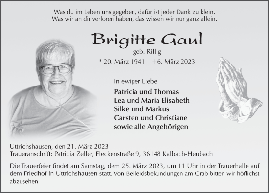 Traueranzeige von Brigitte Gaul von FZ