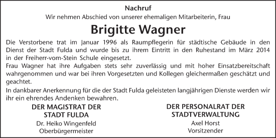 Traueranzeige von Brigitte Wagner von FZ