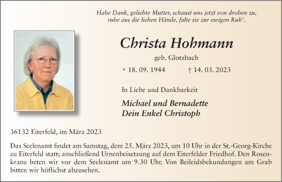Traueranzeige von Christa Hohmann von FZ