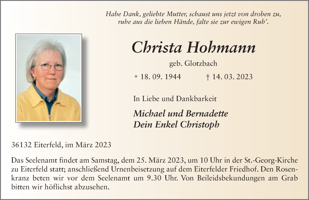  Traueranzeige für Christa Hohmann vom 22.03.2023 aus FZ