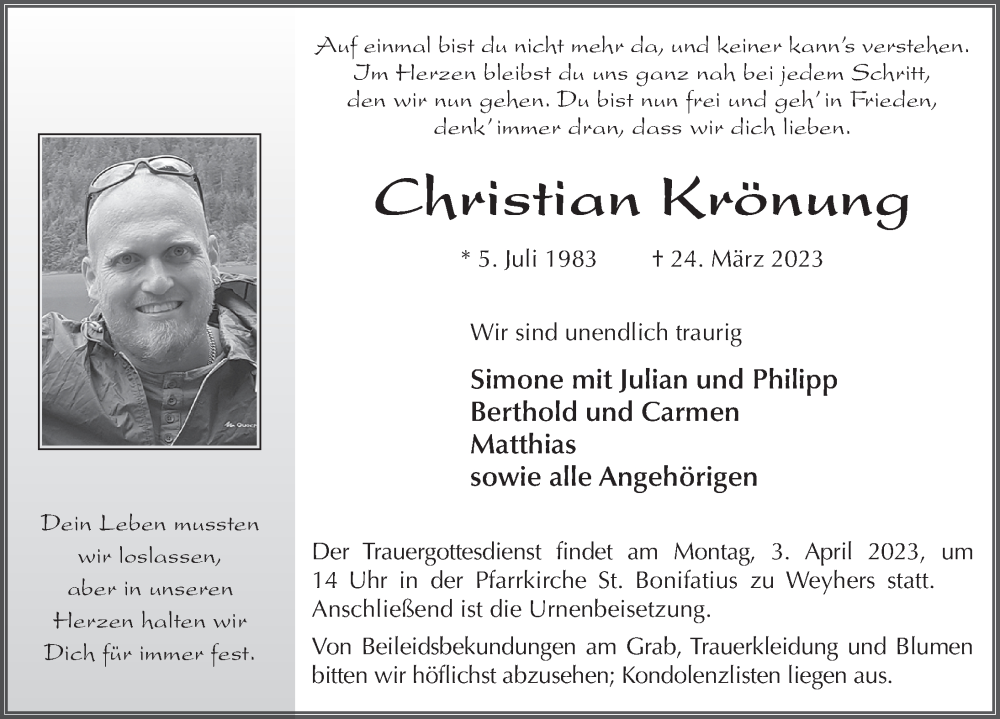  Traueranzeige für Christian Krönung vom 31.03.2023 aus FZ