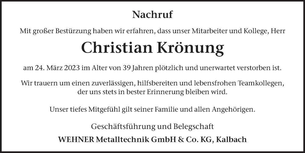  Traueranzeige für Christian Krönung vom 31.03.2023 aus FZ