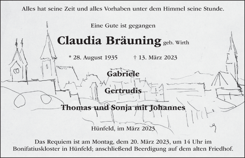  Traueranzeige für Claudia Bräuning vom 17.03.2023 aus FZ