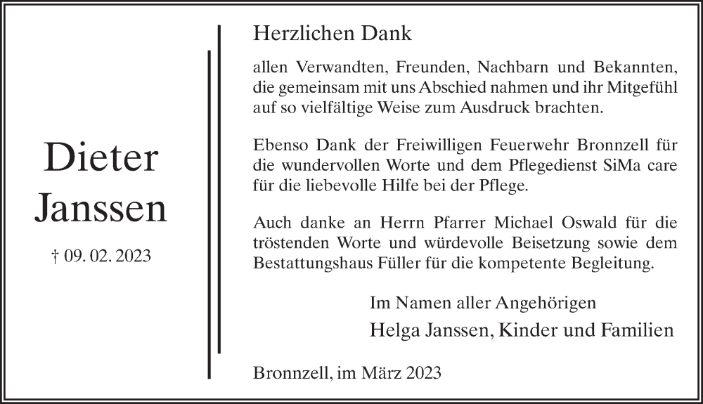 Traueranzeige für Dieter Janssen vom 16.03.2023 aus FZ