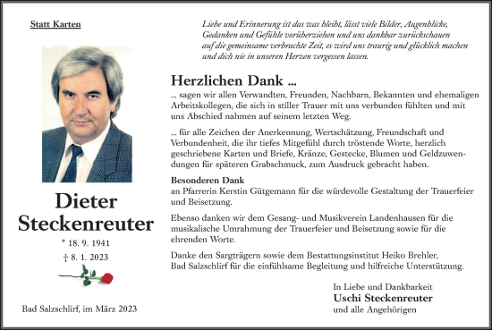 Traueranzeige von Dieter Steckenreuter von FZ