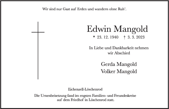 Traueranzeige von Edwin Mangold von FZ