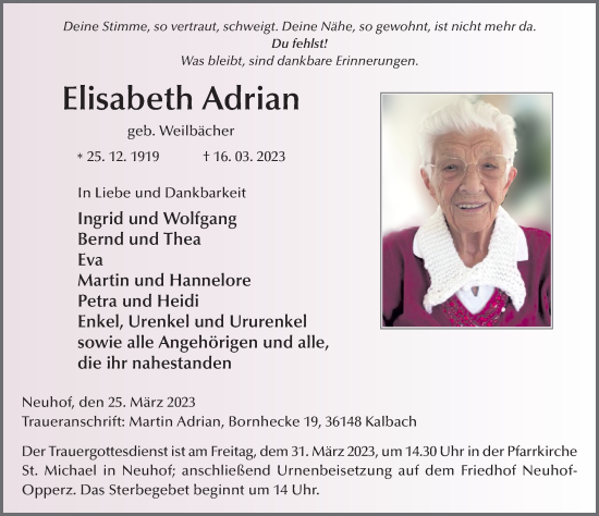 Traueranzeige von Elisabeth Adrian von FZ