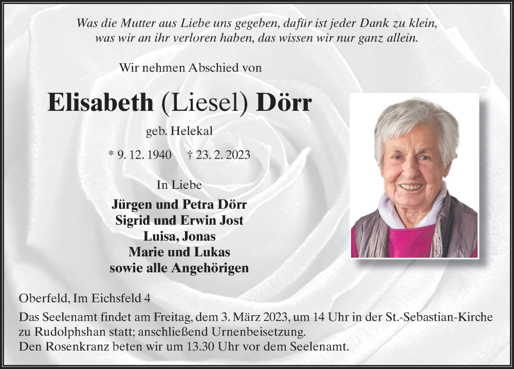  Traueranzeige für Elisabeth Dörr vom 01.03.2023 aus FZ