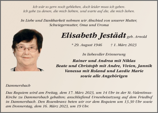 Traueranzeige von Elisabeth Jestädt von FZ
