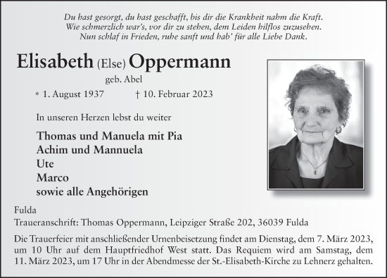 Traueranzeige von Elisabeth Oppermann von FZ