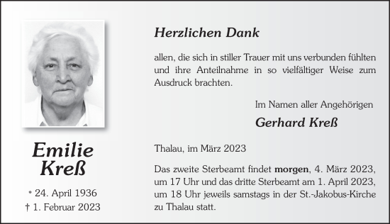 Traueranzeige von Emilie Kreß von FZ