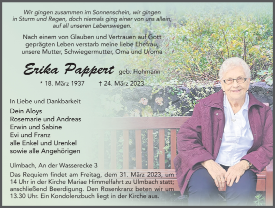 Traueranzeige von Erika Pappert von FZ