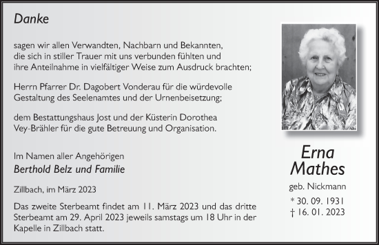 Traueranzeige von Erna Mathes von FZ