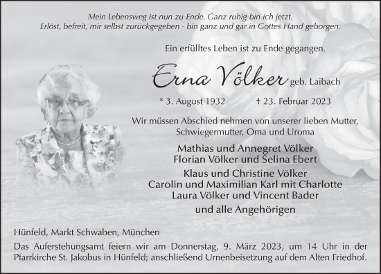 Traueranzeige von Erna Völker von FZ
