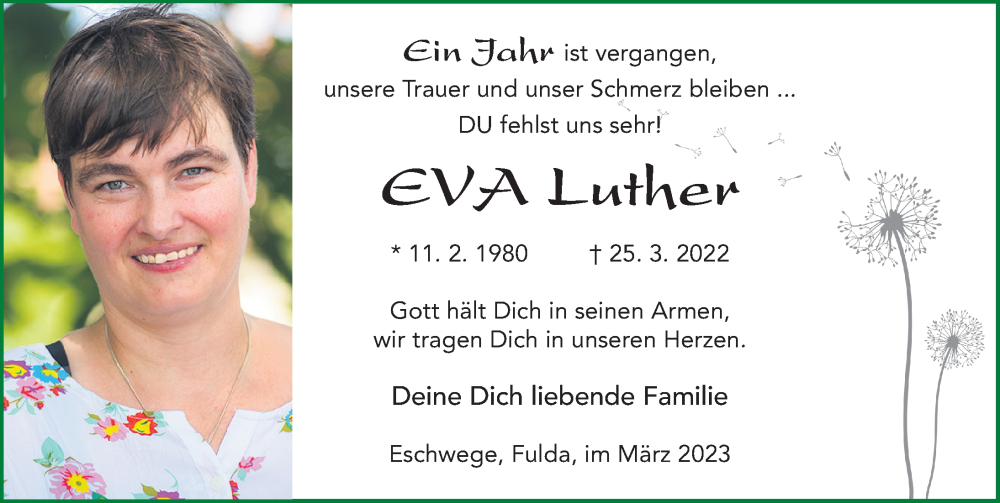  Traueranzeige für Eva Luther vom 25.03.2023 aus FZ
