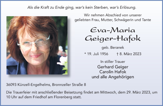 Traueranzeige von Eva-Maria Geiger-Hafok von FZ