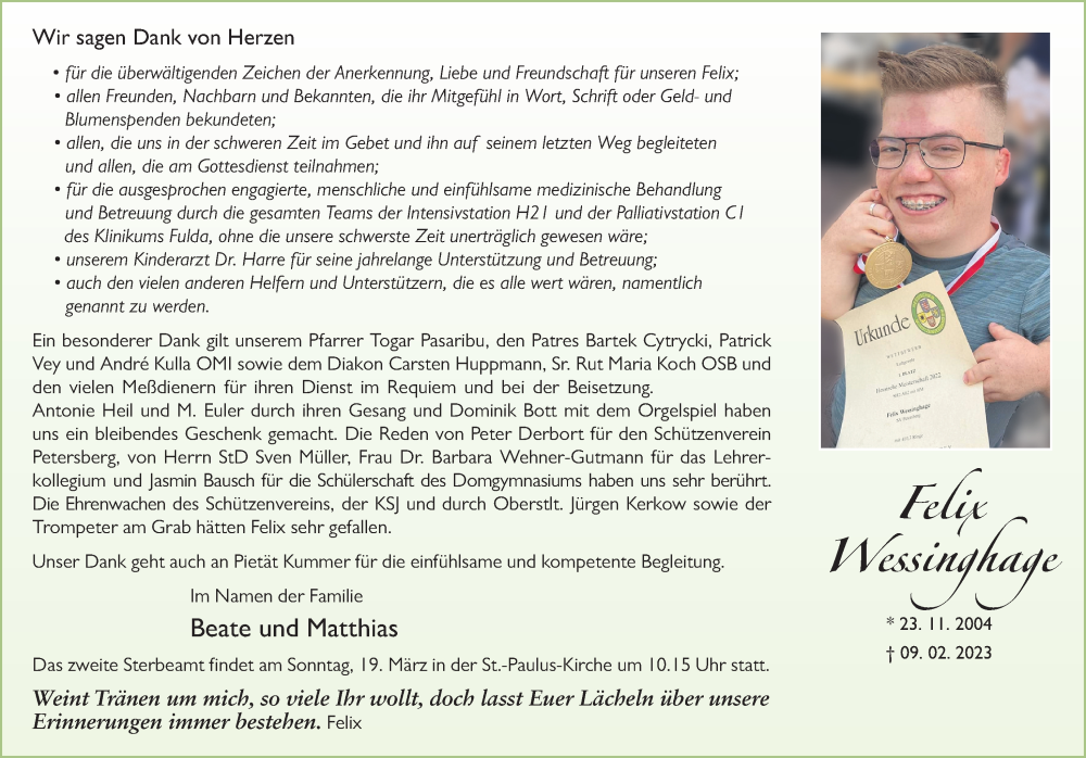  Traueranzeige für Felix Joan Friedrich Wessinghage vom 17.03.2023 aus FZ