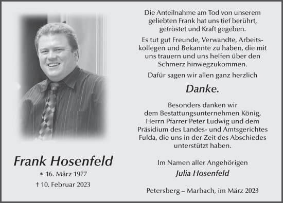 Traueranzeige von Frank Hosenfeld von FZ