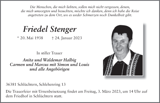 Traueranzeige von Friedel Stenger von FZ