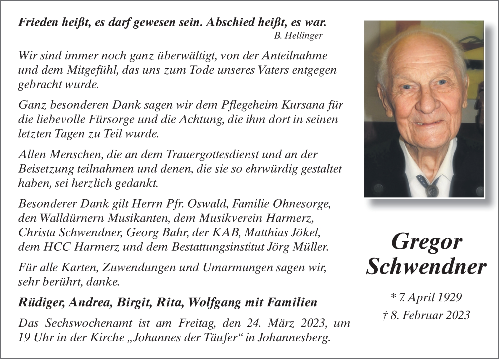  Traueranzeige für Gregor Schwendner vom 18.03.2023 aus FZ