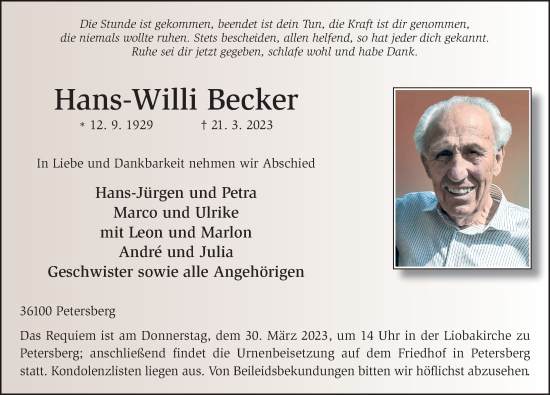 Traueranzeige von Hans-Willi Becker von FZ