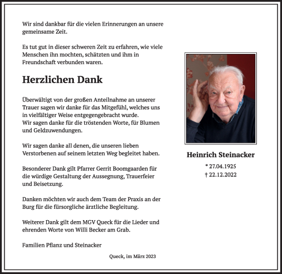 Traueranzeige von Heinrich Steinacker von FZ