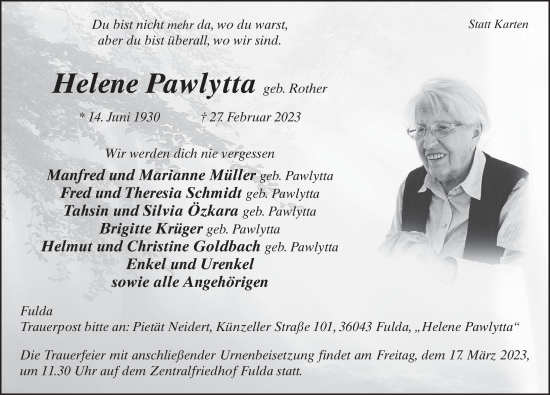 Traueranzeige von Helene Pawlytta von FZ