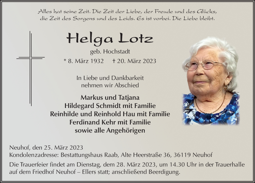  Traueranzeige für Helga Lotz vom 25.03.2023 aus FZ