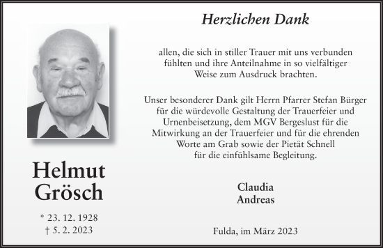 Traueranzeige von Helmut Grösch von FZ