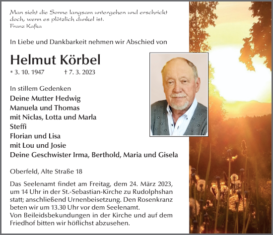 Traueranzeige von Helmut Körbel von FZ