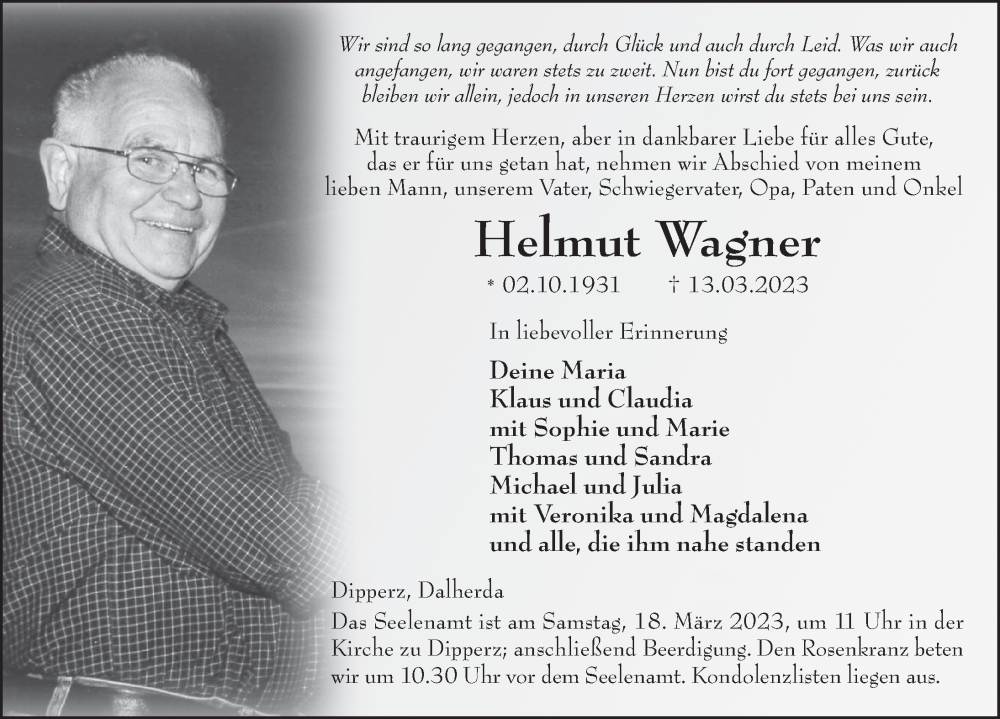  Traueranzeige für Helmut Wagner vom 16.03.2023 aus FZ