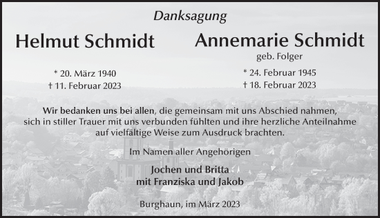 Traueranzeige von Helmut und Annemarie Schmidt von FZ