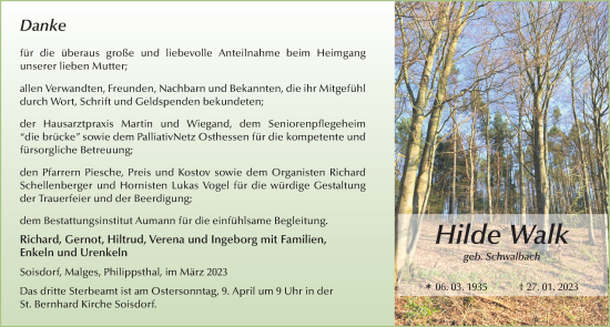 Traueranzeige von Hilde Walk von FZ