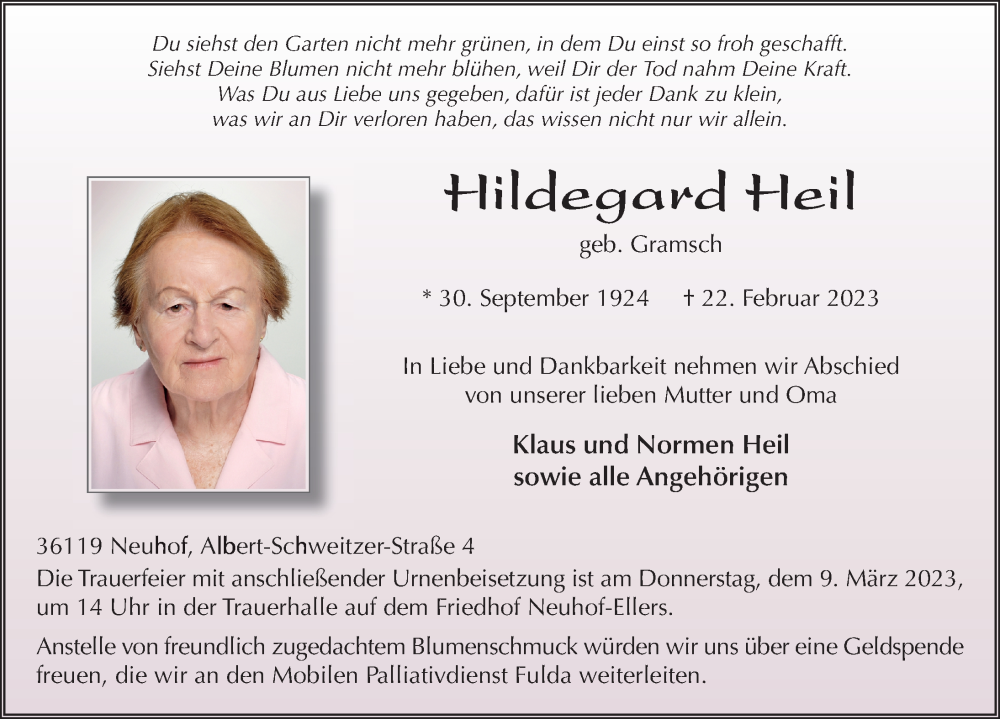  Traueranzeige für Hildegard Heil vom 07.03.2023 aus FZ