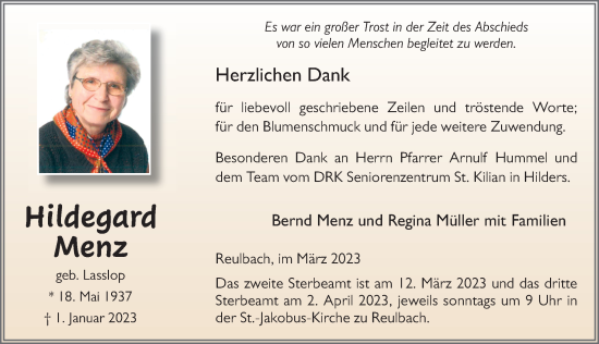 Traueranzeige von Hildegard Menz von FZ