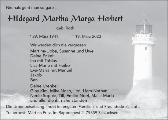 Traueranzeige von Hildegard Martha Marga Herbert von FZ