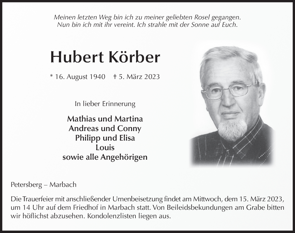  Traueranzeige für Hubert Körber vom 11.03.2023 aus FZ